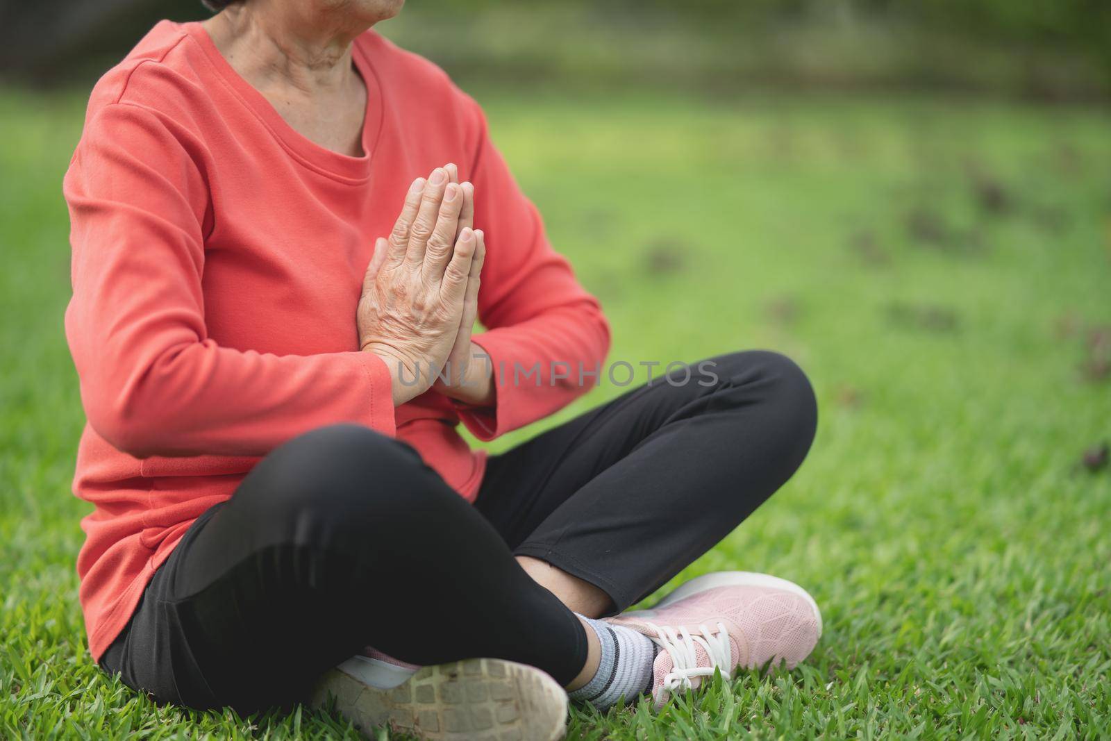 Senior asian woman practicing yoga lesson, breathing, meditating in garden. Working out, Well being, wellness concept by Wmpix