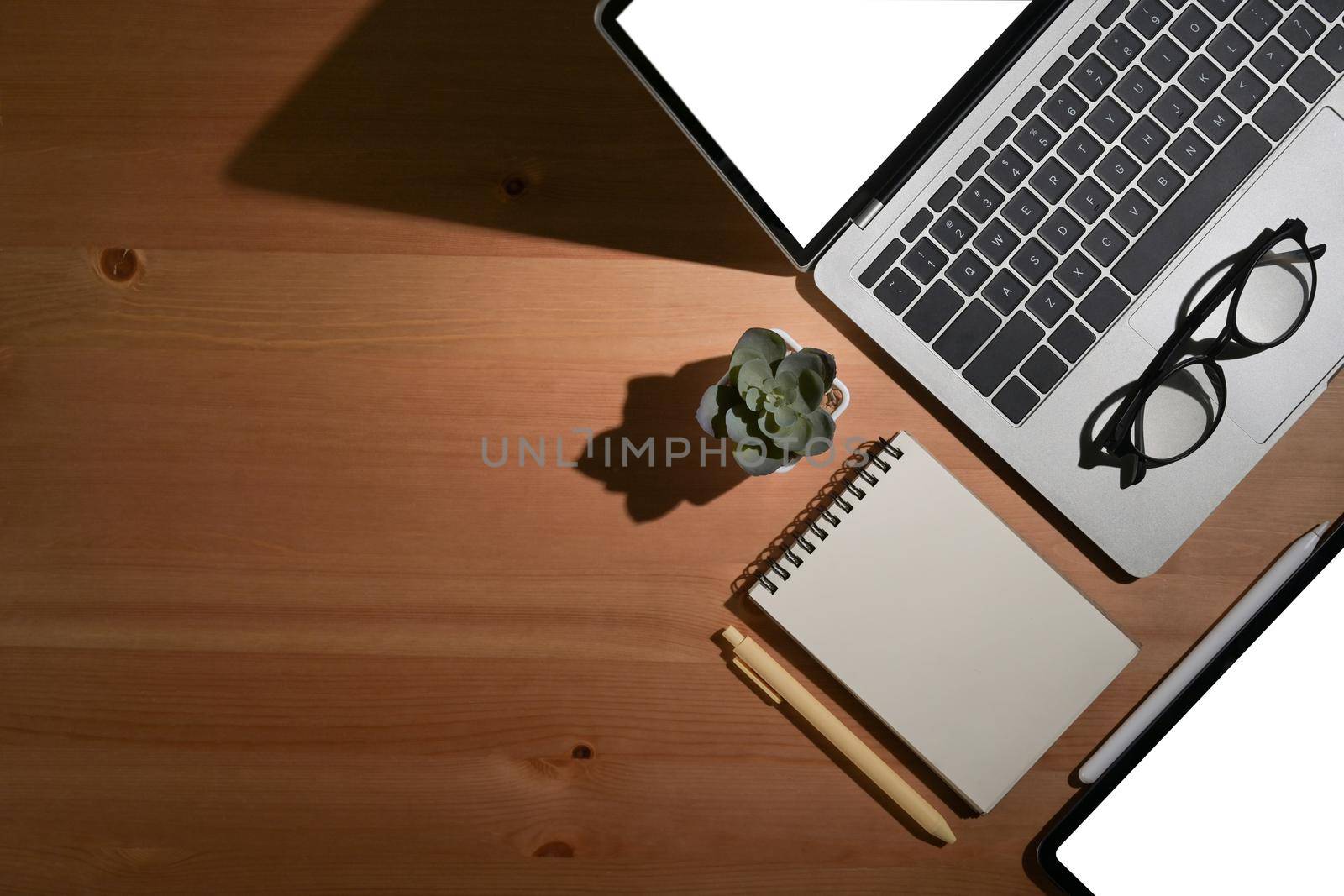 Top view computer laptop, digital tablet, notebook and succulent plant on wooden table. by prathanchorruangsak