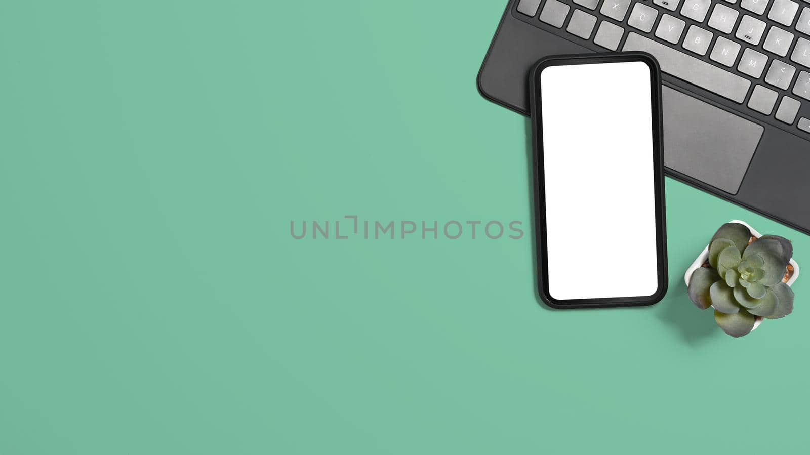 Top view smart phone and laptop computer on green background. Copy space, blank screen for advertise text.