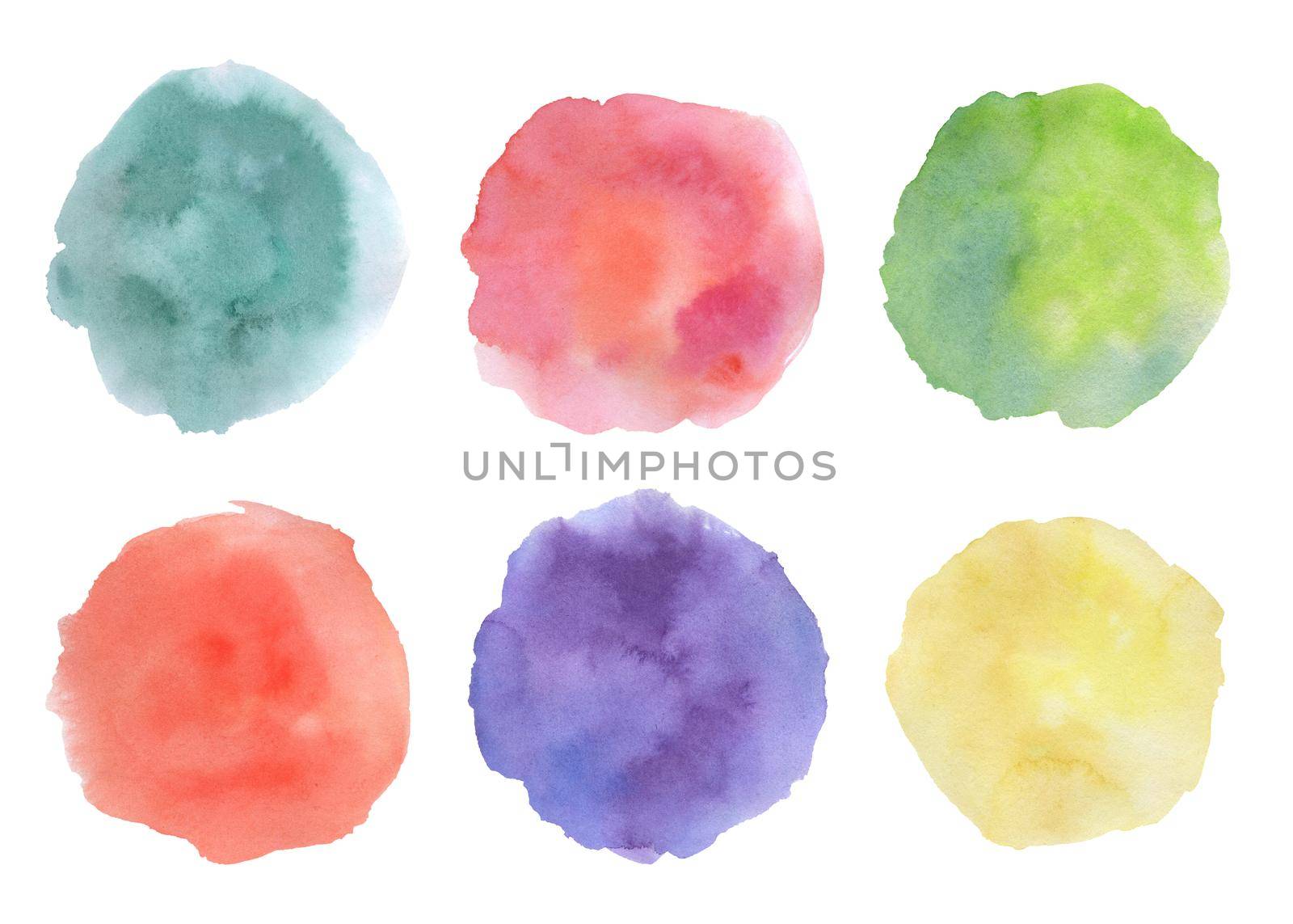Set of Abstract red, purple and green watercolor hand painted texture isolated on white background. Round empty template by ElenaPlatova