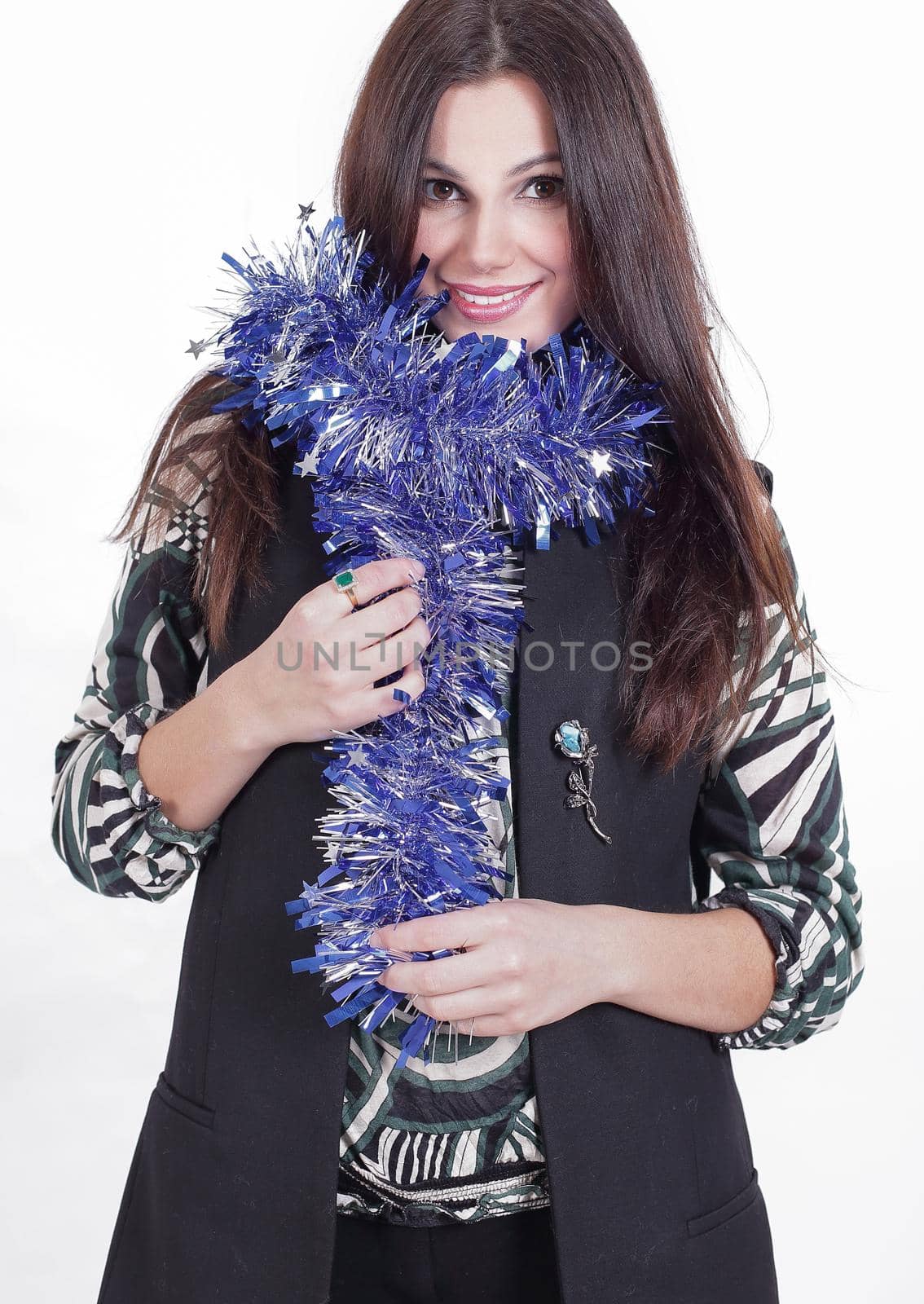 young woman with Christmas garland .isolated on white .photo with copy space