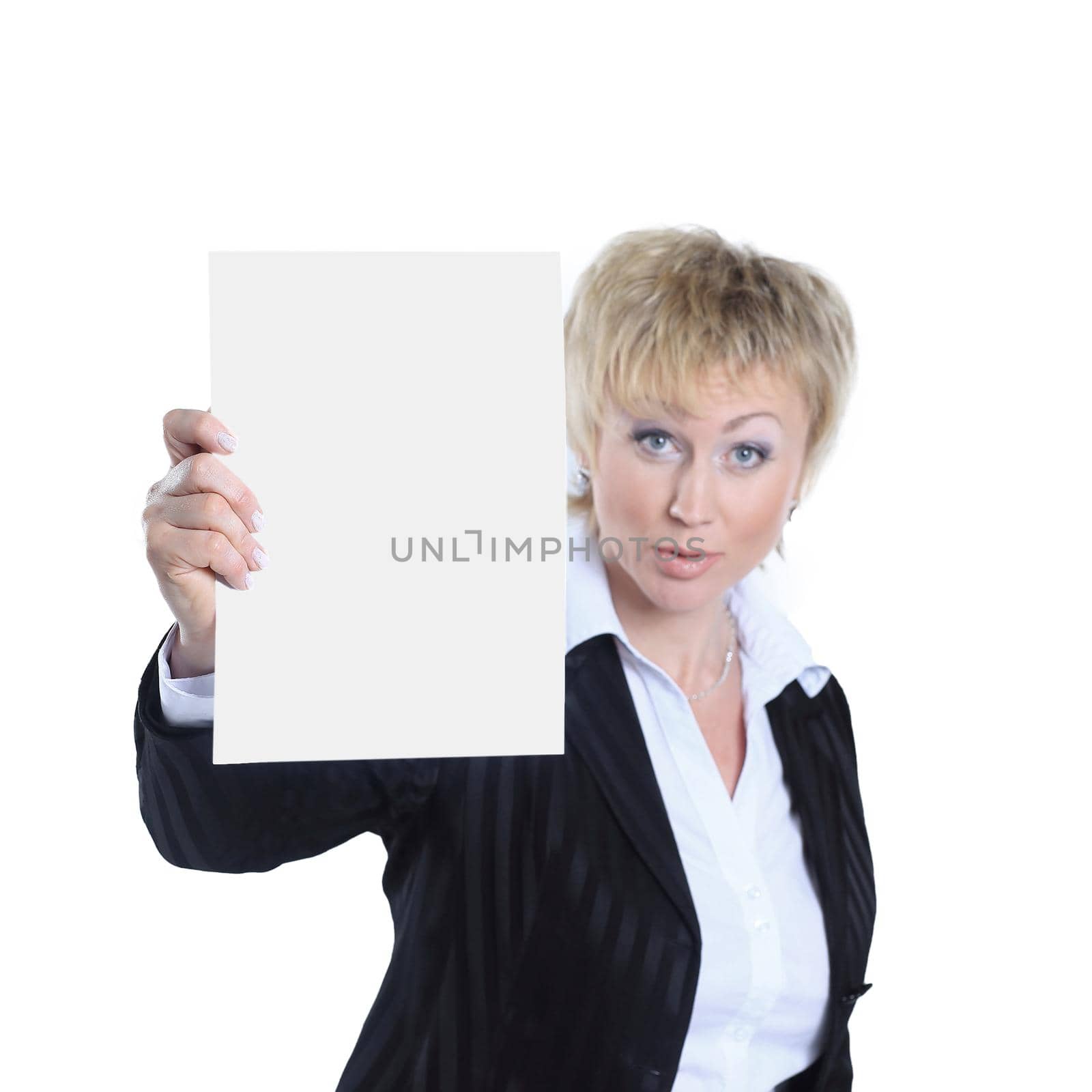 closeup. confident business woman showing blank sheet. by SmartPhotoLab