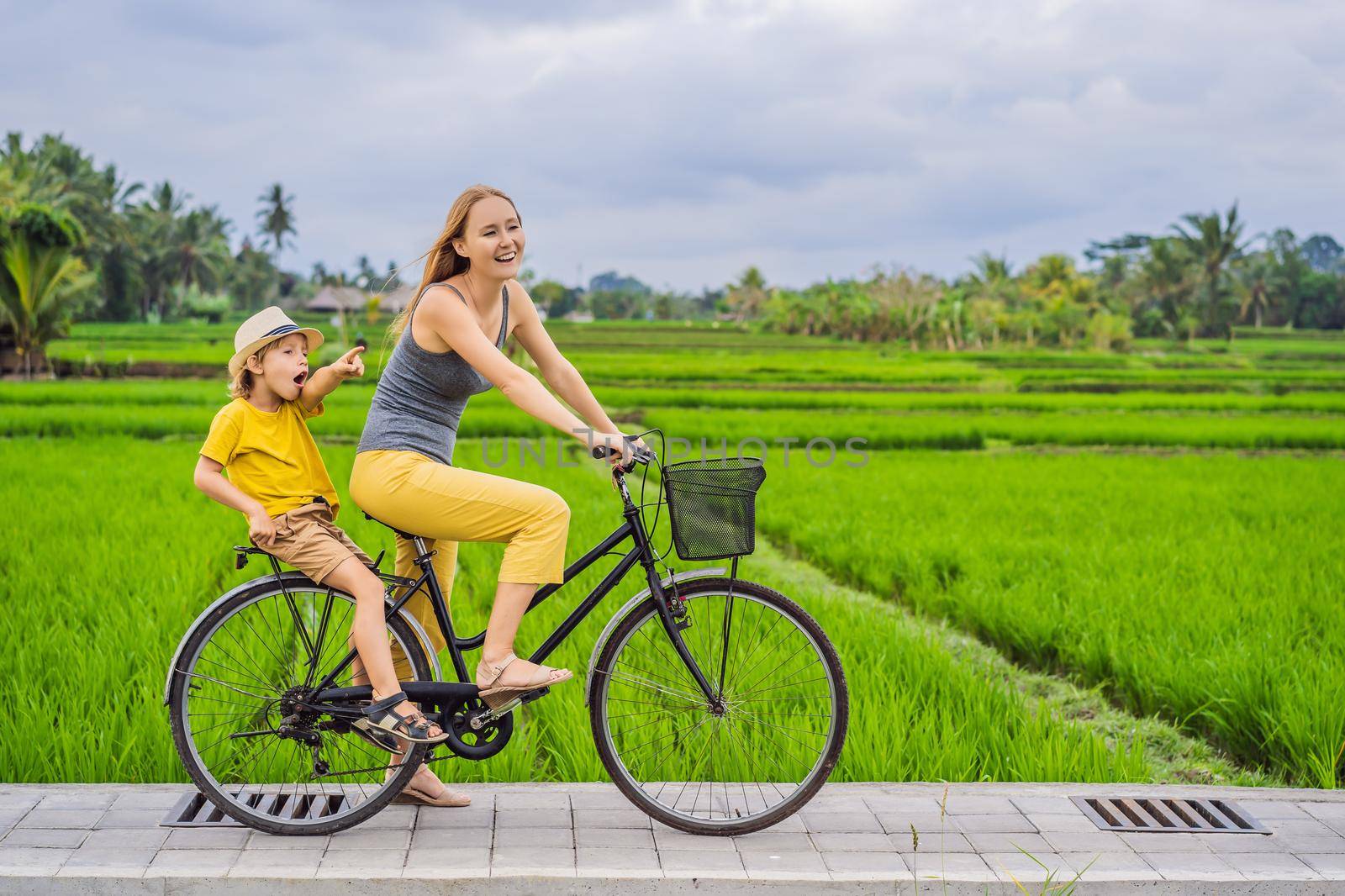 Mother and son ride a bicycle on a rice field in Ubud, Bali. Travel to Bali with kids concept.