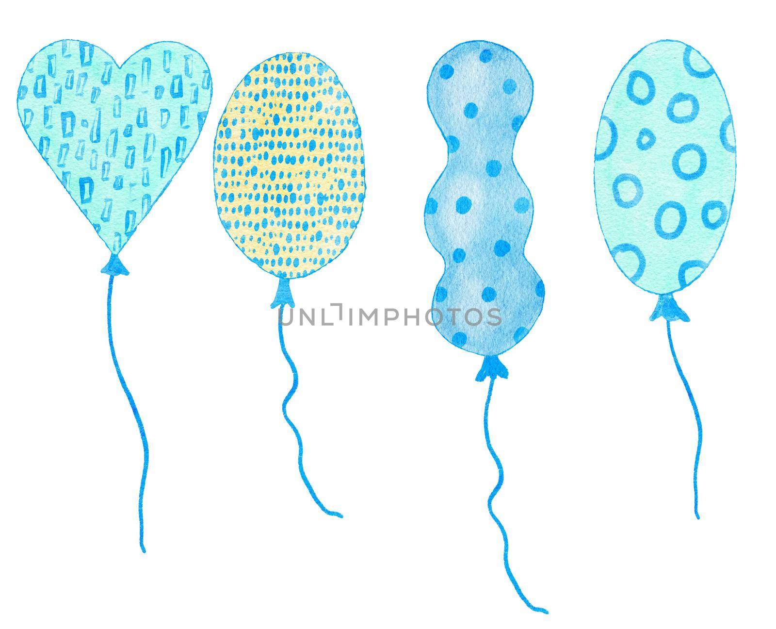Watercolor hand drawn illustration of blue yellow cute balloons. Boy baby shower design for invitations greeting party, nursery clipart is soft pastelcolors modern minimalist print for kids children. by Lagmar