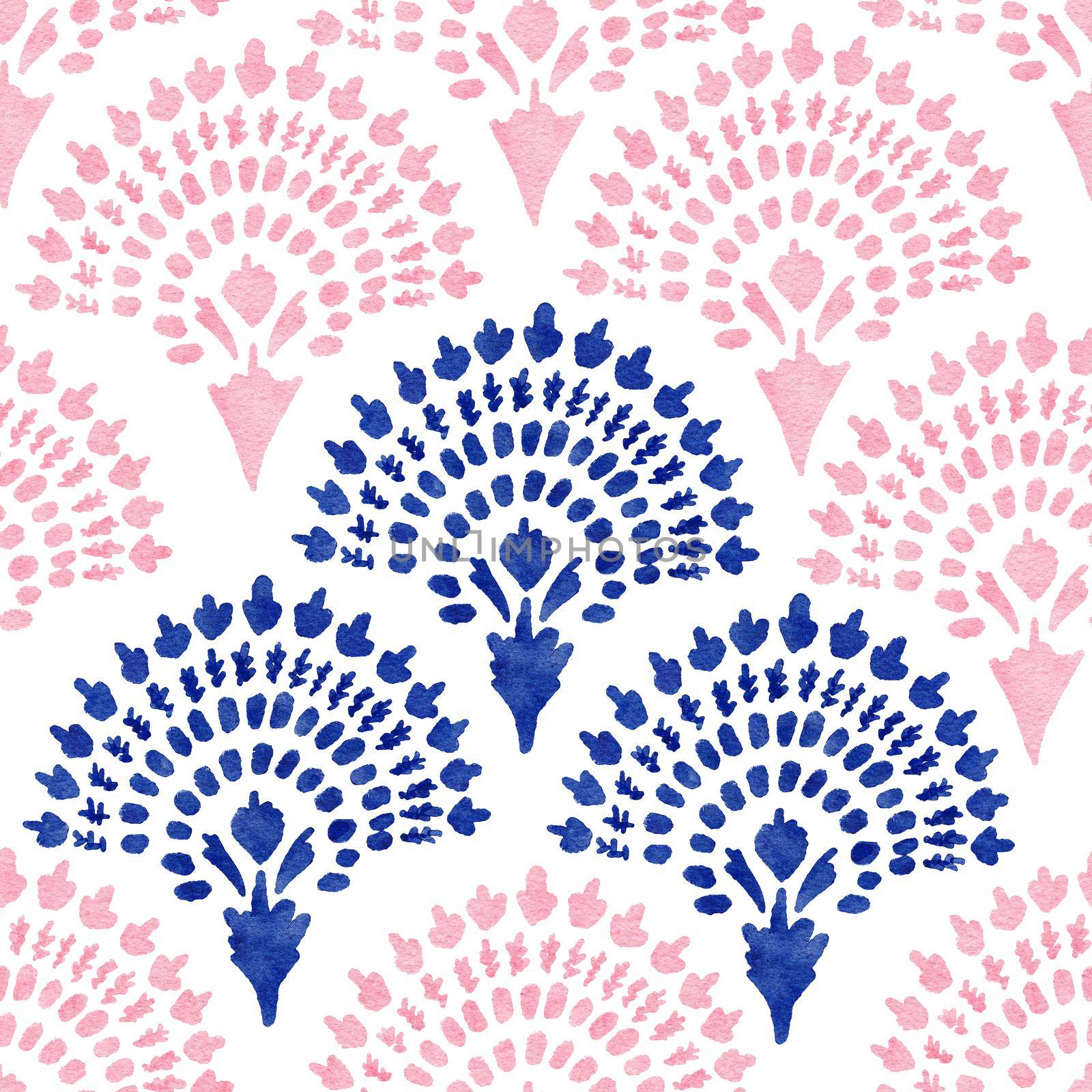 Hand drawn watercolor seamless pattern with navy blush boho elements. Bohemian blue pink fabric print, indigo rose geometric abstract shapes, ethnic design. For wedding invitation, gender reveal cards decor wallpaper. by Lagmar