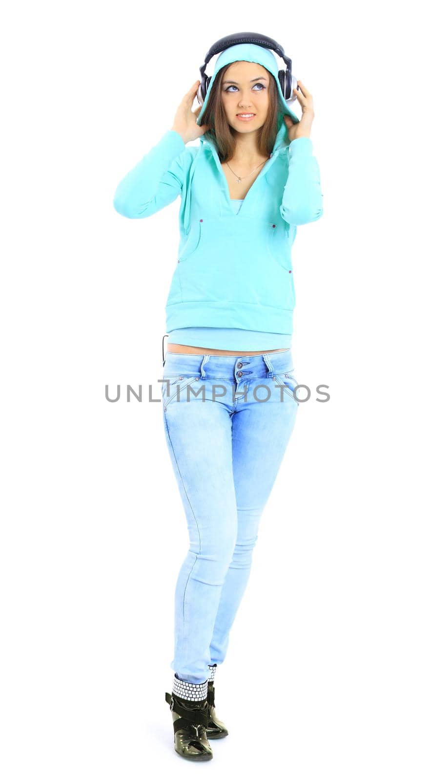 The beautiful young girl on a white background