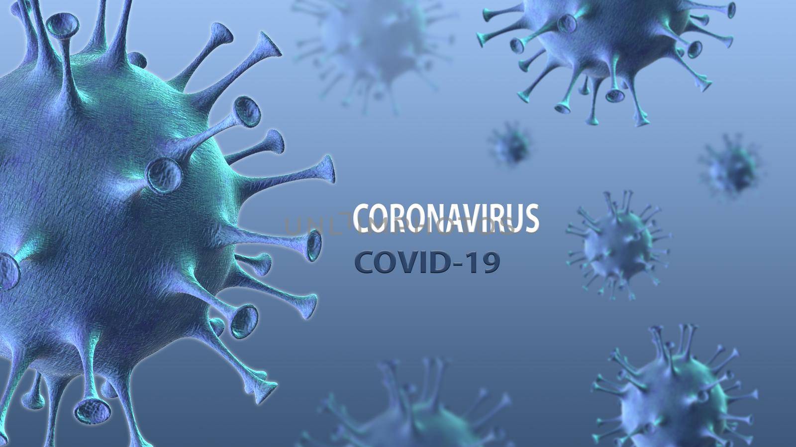 Coronavirus disease COVID-19 medical web banner with SARS-CoV-2 virus molecule and text on a background. World pandemic 2020. Horizontal 3D illustration.