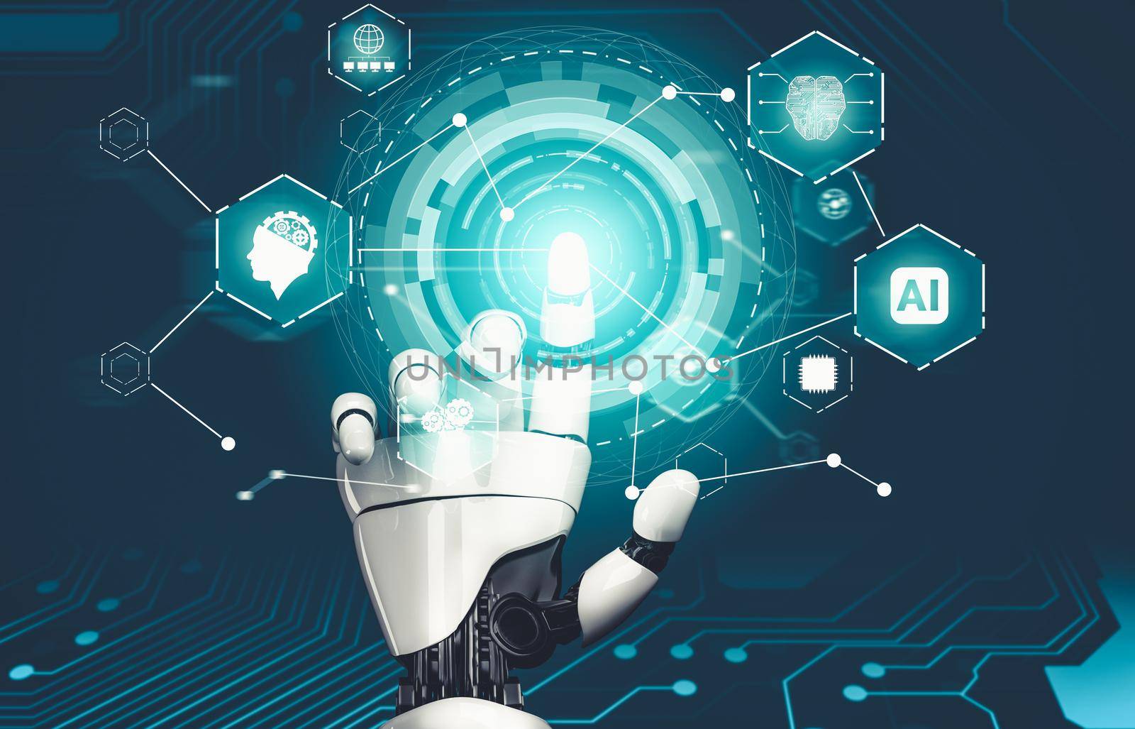 3D rendering futuristic droid robot technology development, artificial intelligence AI, and machine learning concept. Global robotic bionic science research for future of human life.