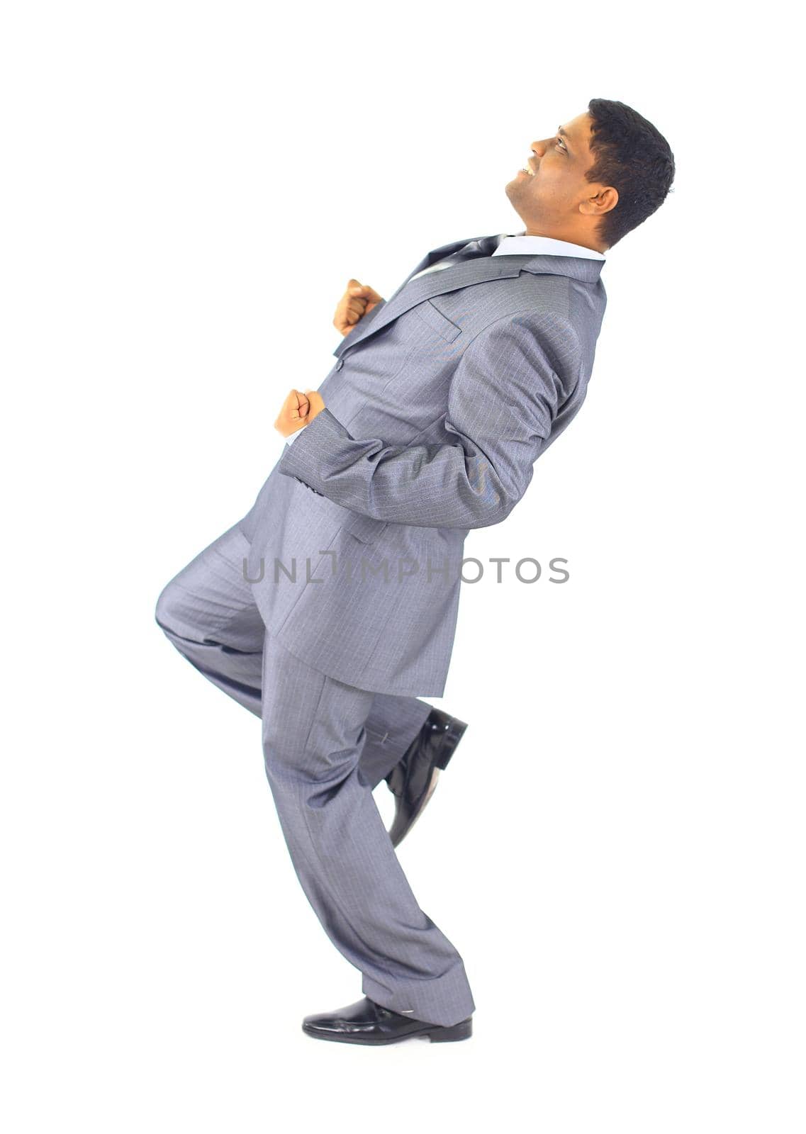 Businessman runs up the career ladder. Isolated on white background