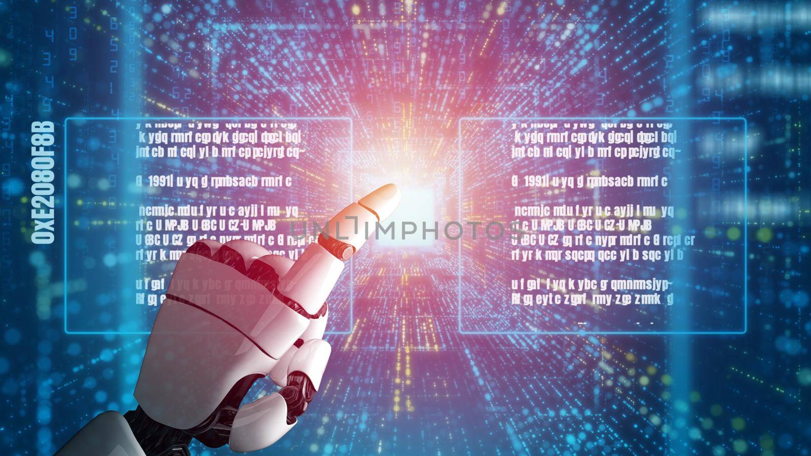 Futuristic robot artificial intelligence revolutionary AI technology development and machine learning concept. Global robotic bionic science research for future of human life. 3D rendering graphic.