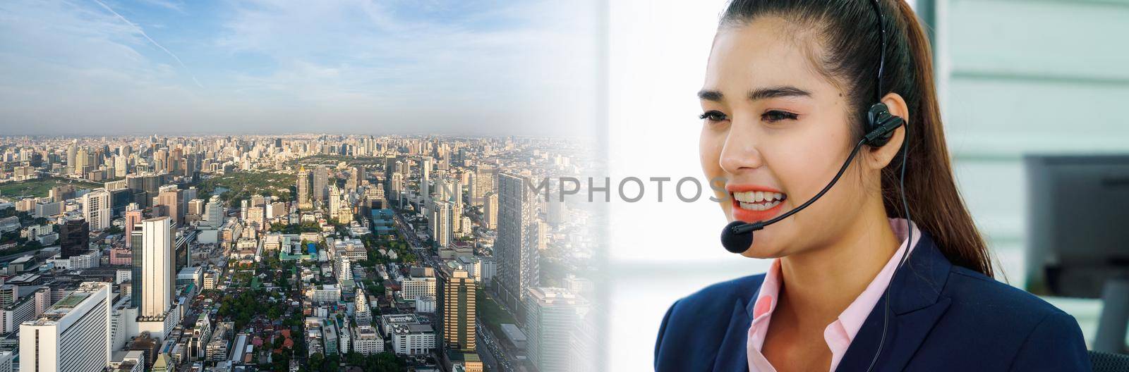 Business people wearing headset working in office in widen view to support remote customer or colleague. Call center, telemarketing, customer support agent provide service on telephone video call.