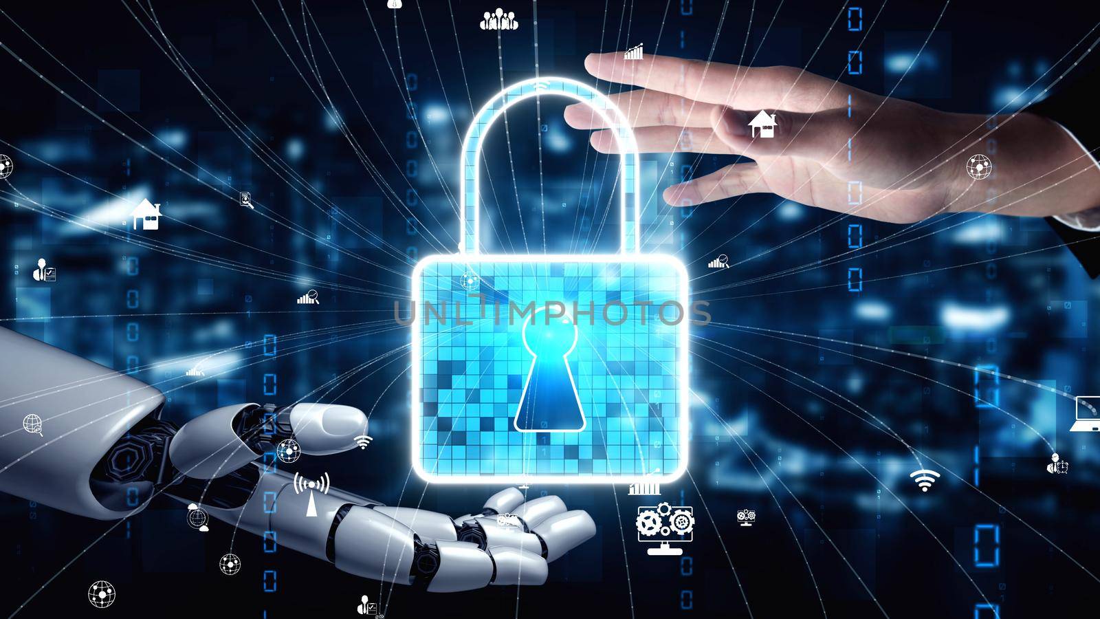 Futuristic robot artificial intelligence enlightening AI technology development and machine learning concept. Global robotic bionic science research for future of human life. 3D rendering graphic.
