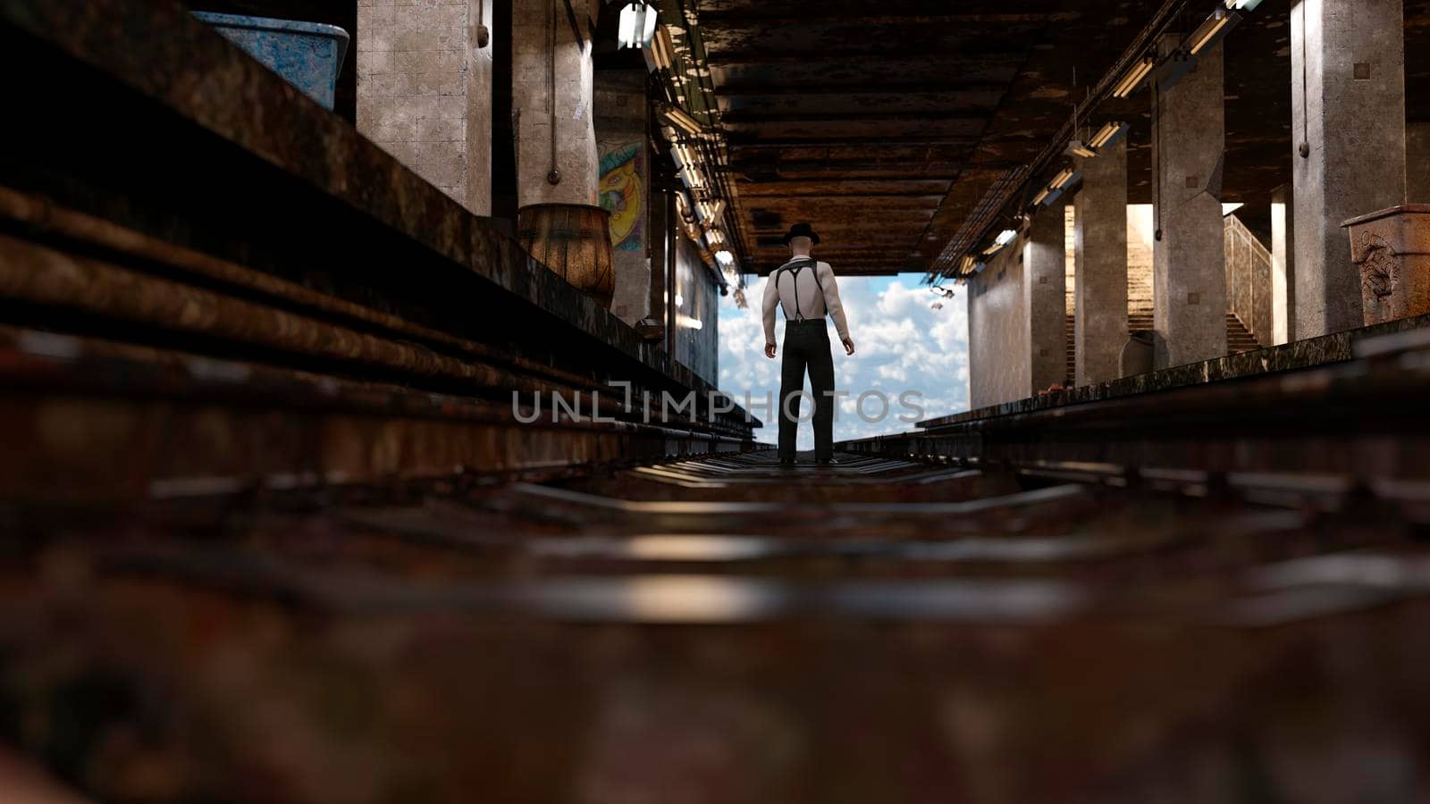 Man walking towards the light at the end of an old abandoned subway tunnel - 3d rendering