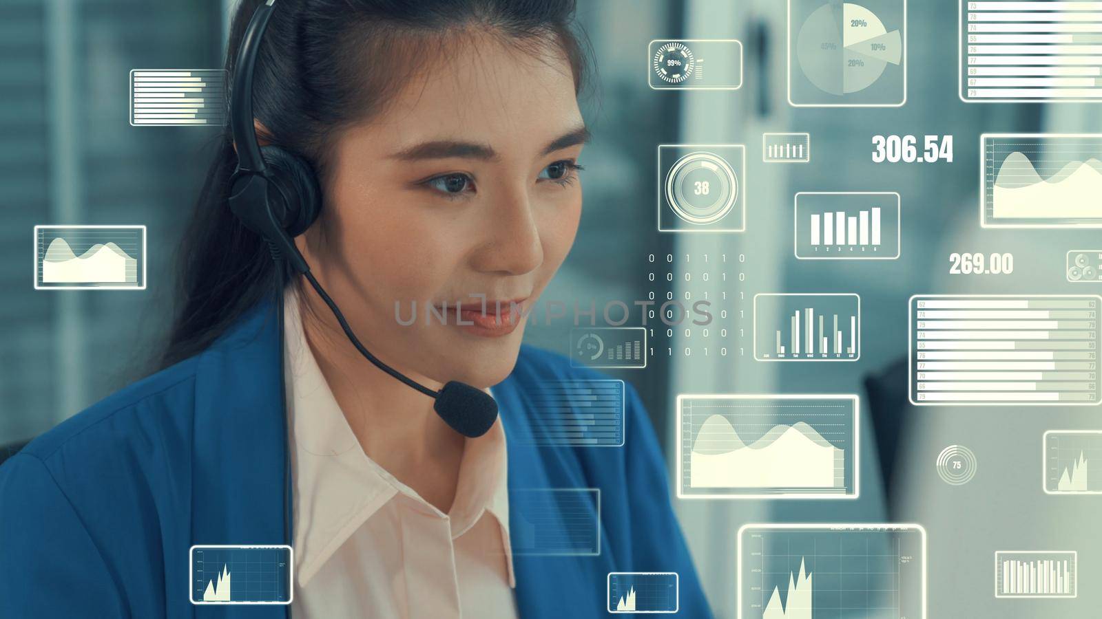 Customer support call center provide data with envisional graphic . Business and communication technology concept .
