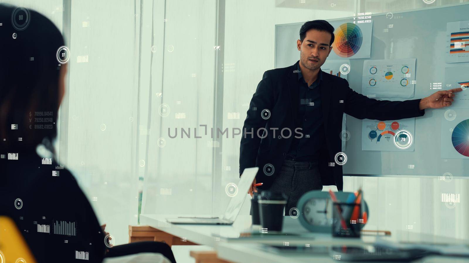 Business people in corporate staff meeting with envisional graphic . Concept of digital technology for marketing data analysis and investment decision making .
