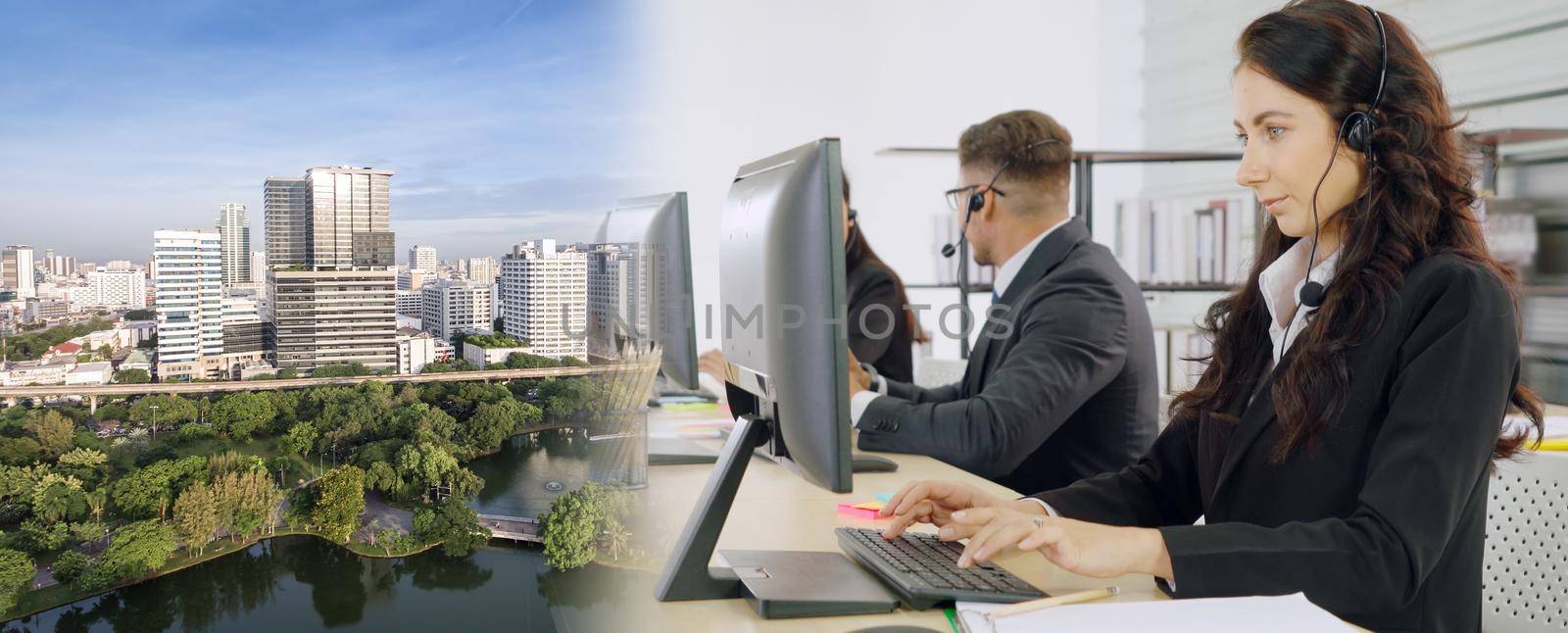 Business people wearing headset working in office broaden view by biancoblue