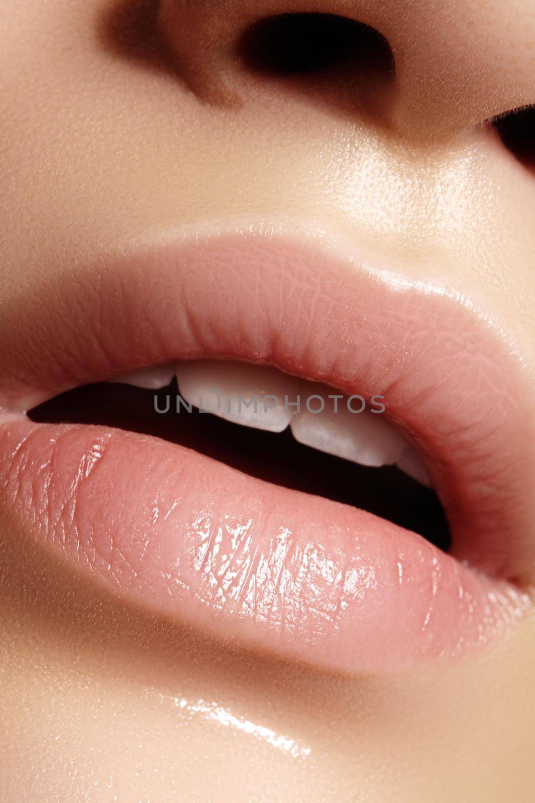 Closeup plump Lips. Lip Care, Augmentation, Fillers. Macro photo with Face detail. Natural shape with perfect contour by MarinaFrost