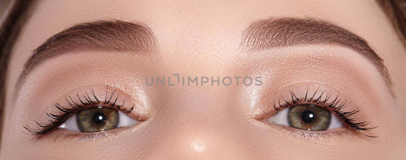 Close-up Macro of Beautiful Female Eye with Perfect Shape Eyebrows. Clean skin, Fashion Naturel Make-Up. Good Vision. Permanent Tattoo Make-up on Eye Brows