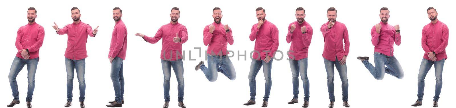 collage of photos of a handsome man in a red shirt. isolated on a white background