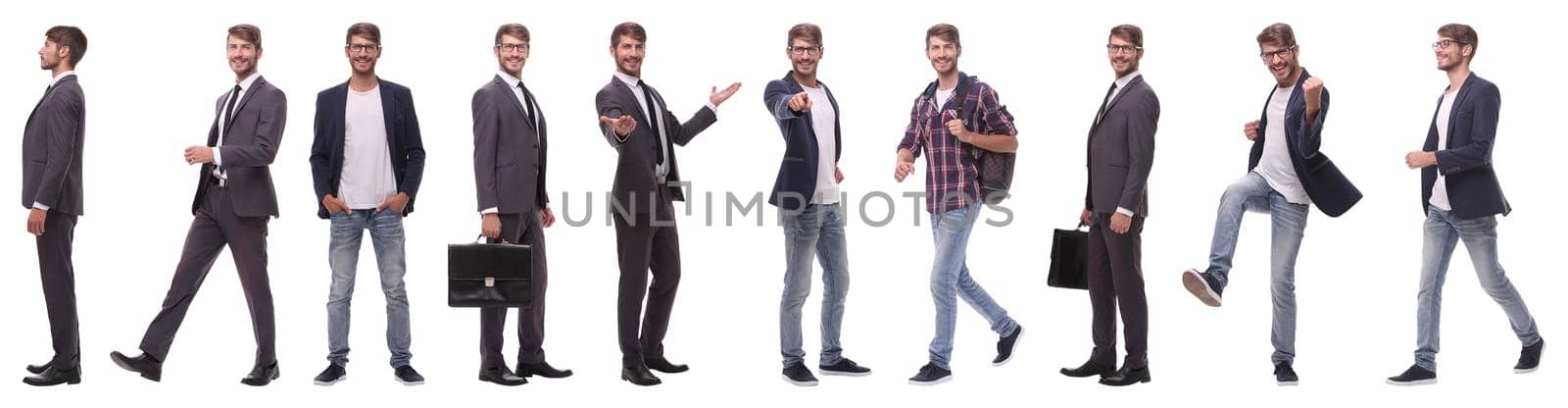 panoramic collage of a promising young man .isolated on white background