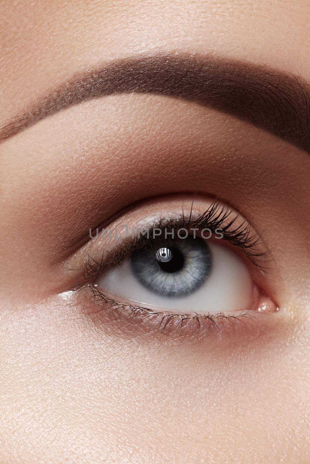 Beautiful macro shot of female eye with classic smoky makeup. Perfect shape of eyebrows, brown eyeshadows and long eyelashes. Cosmetics and make-up. Closeup macro shot of fashion smoky eyes visage