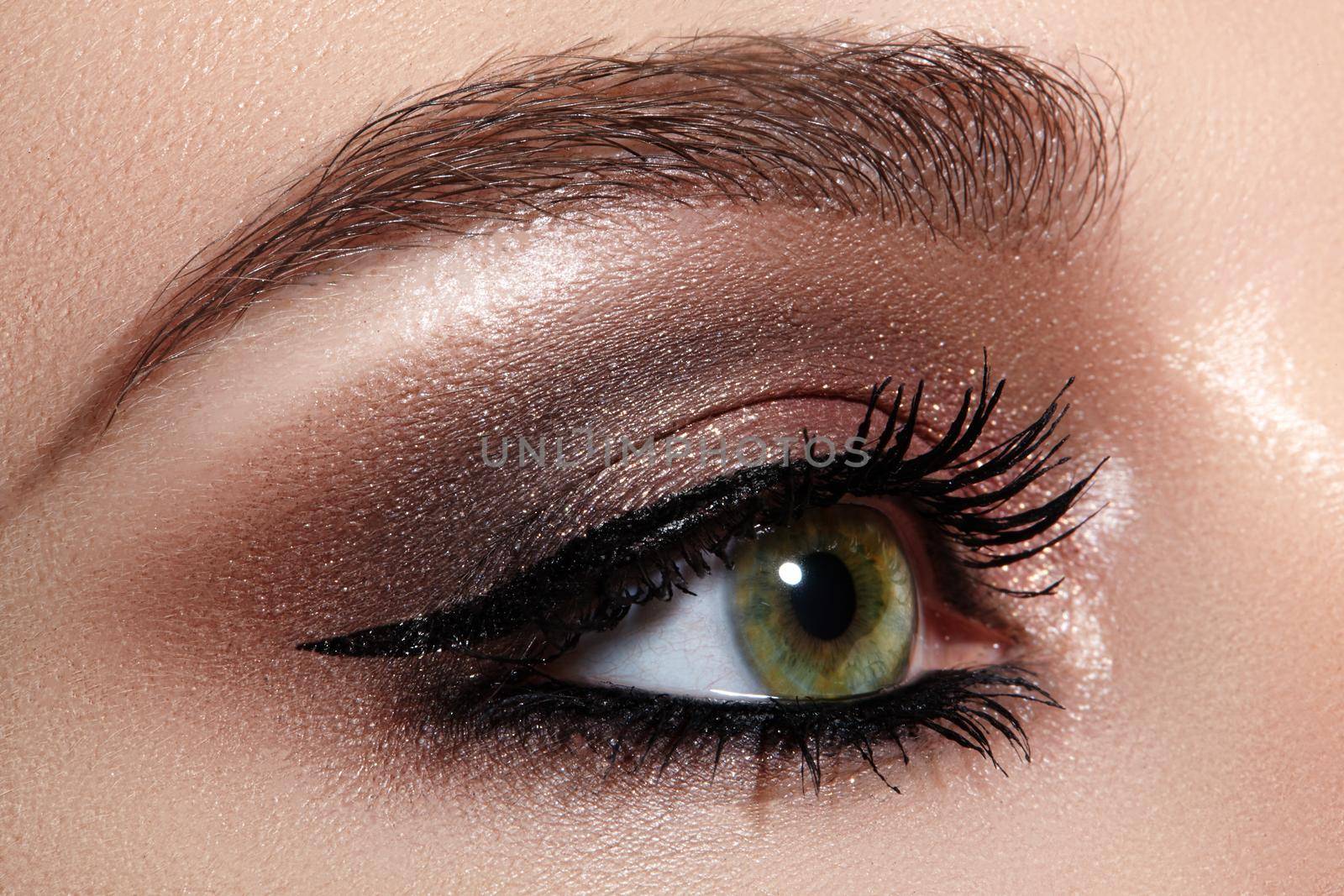 Beautiful macro shot of female eye with classic eyeliner makeup. Perfect shape of eyebrows, brown eyeshadows and long eyelashes. Cosmetics and make-up. Closeup macro shot of fashion liner eyes visage
