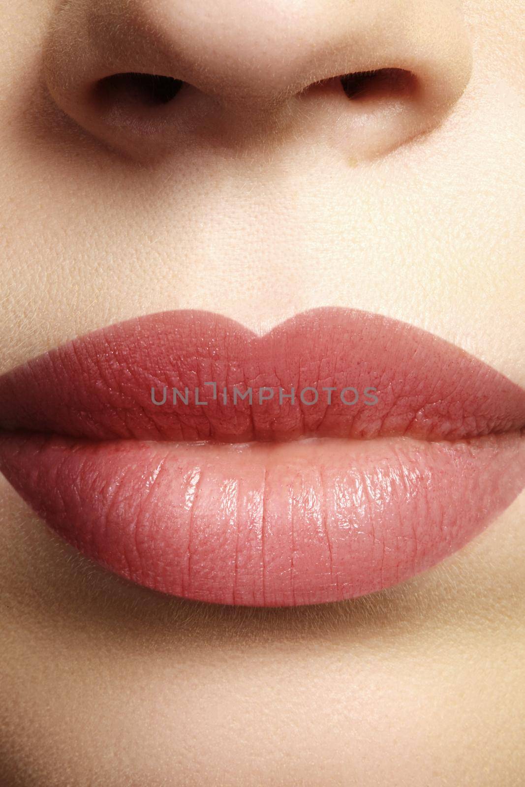 Sweet kiss. Perfect natural lip makeup. Close up macro photo with beautiful female mouth. Plump full lips by MarinaFrost
