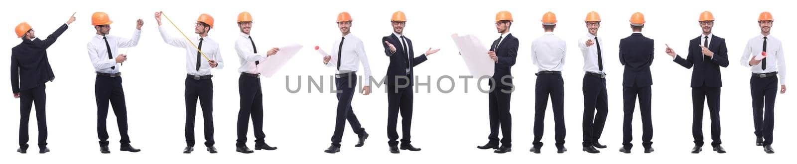 panoramic photo collage of confident architect isolated on white background