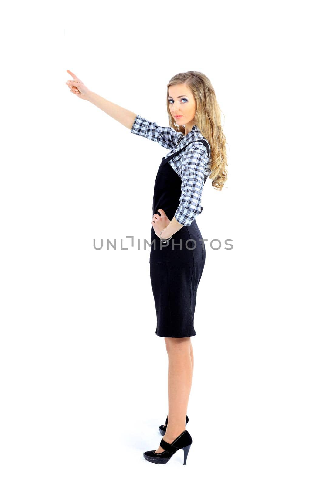 Smiling business woman portrait. White background.