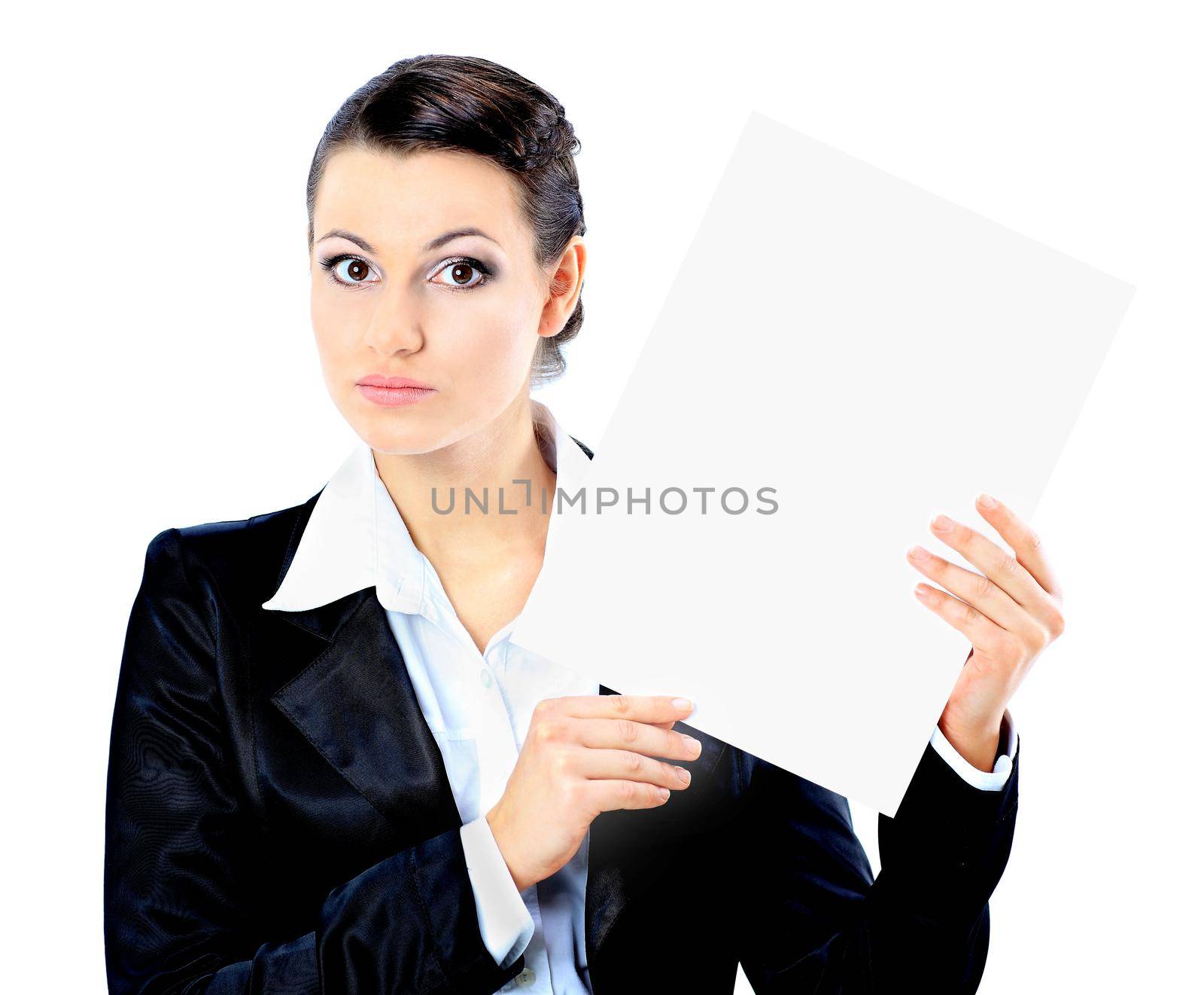 Nice business woman with a white banner. Isolated on a white background.