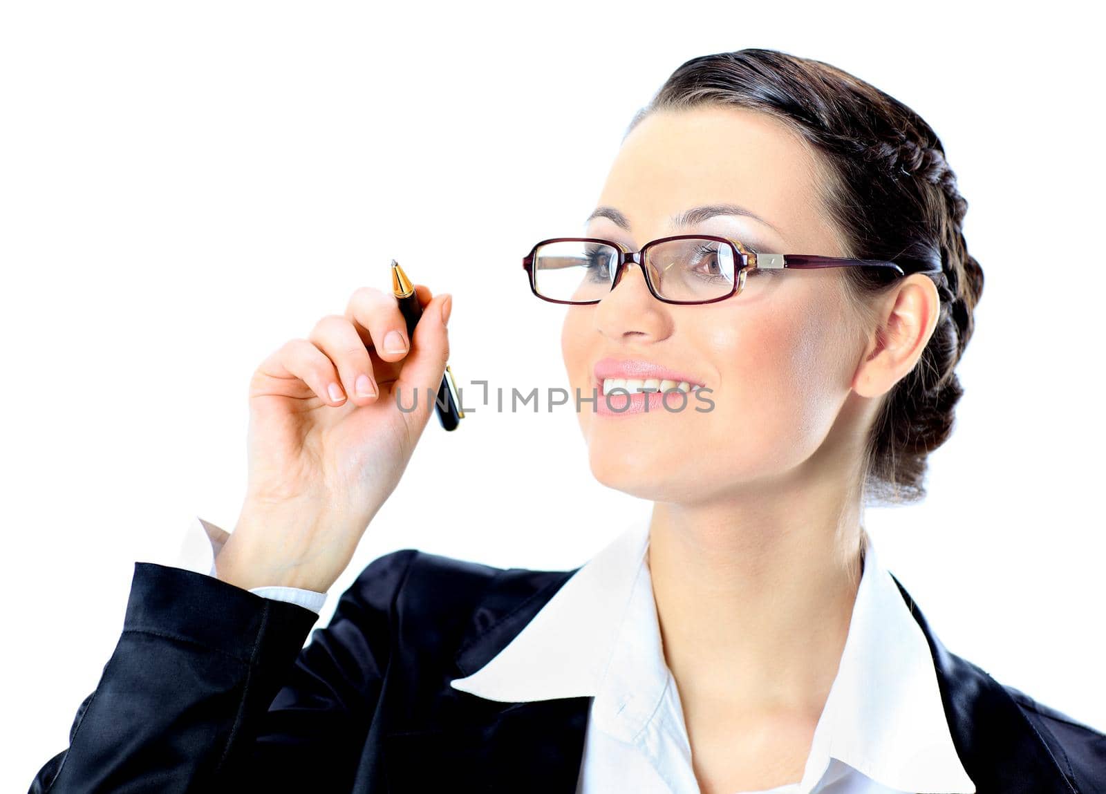 Nice business woman in glasses wrote pen in the air. Isolated on a white background.