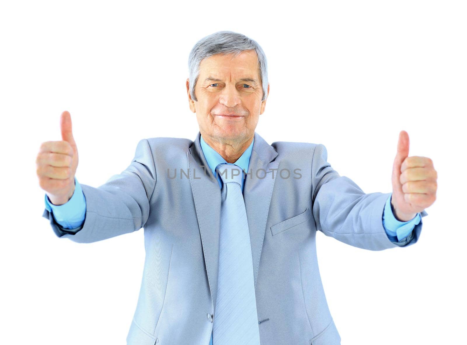 Nice businessman at the age, two thumbs up. Isolated on a white background.
