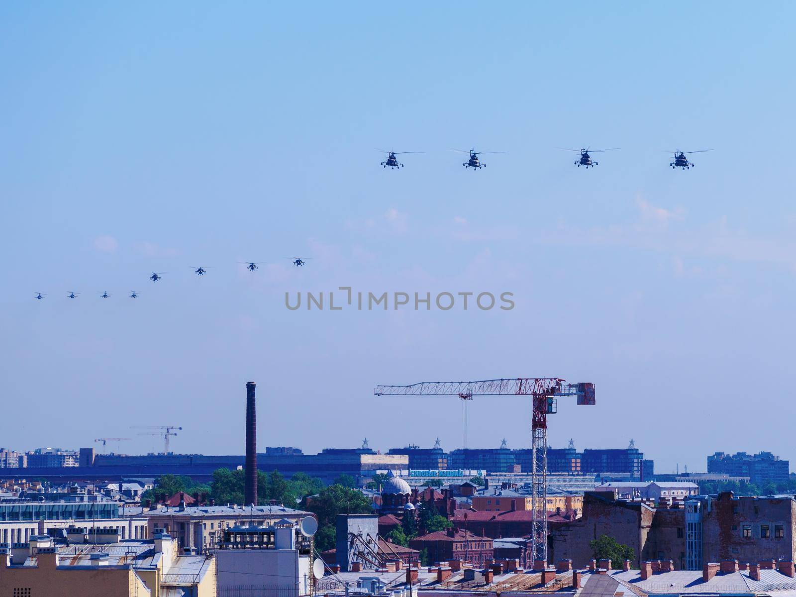 Russia, St. Petersburg - June 24, 2020: Victory Parade in honor of the 75th anniversary of the end of The Great Patriotic War - helicopter