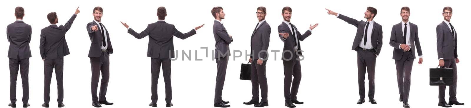 panoramic collage of various photos of a young businessman. isolated on white background.