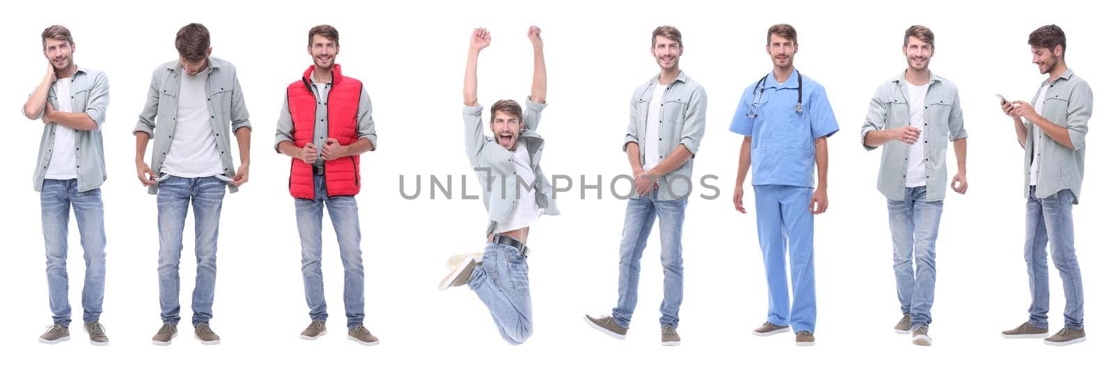 collage doctor and young man isolated on white background