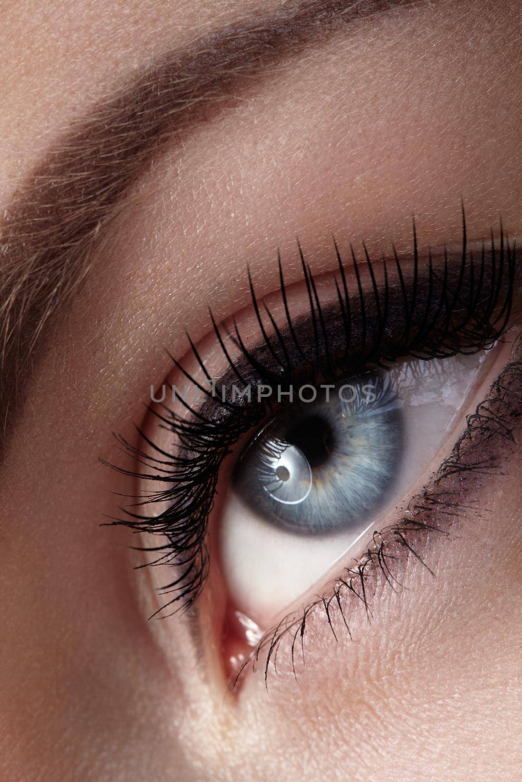 Beautiful macro shot of female eye with classic smoky makeup. Perfect shape of eyebrows, brown eyeshadows and long eyelashes. Cosmetics and make-up. Closeup macro shot of fashion smoky eyes visage