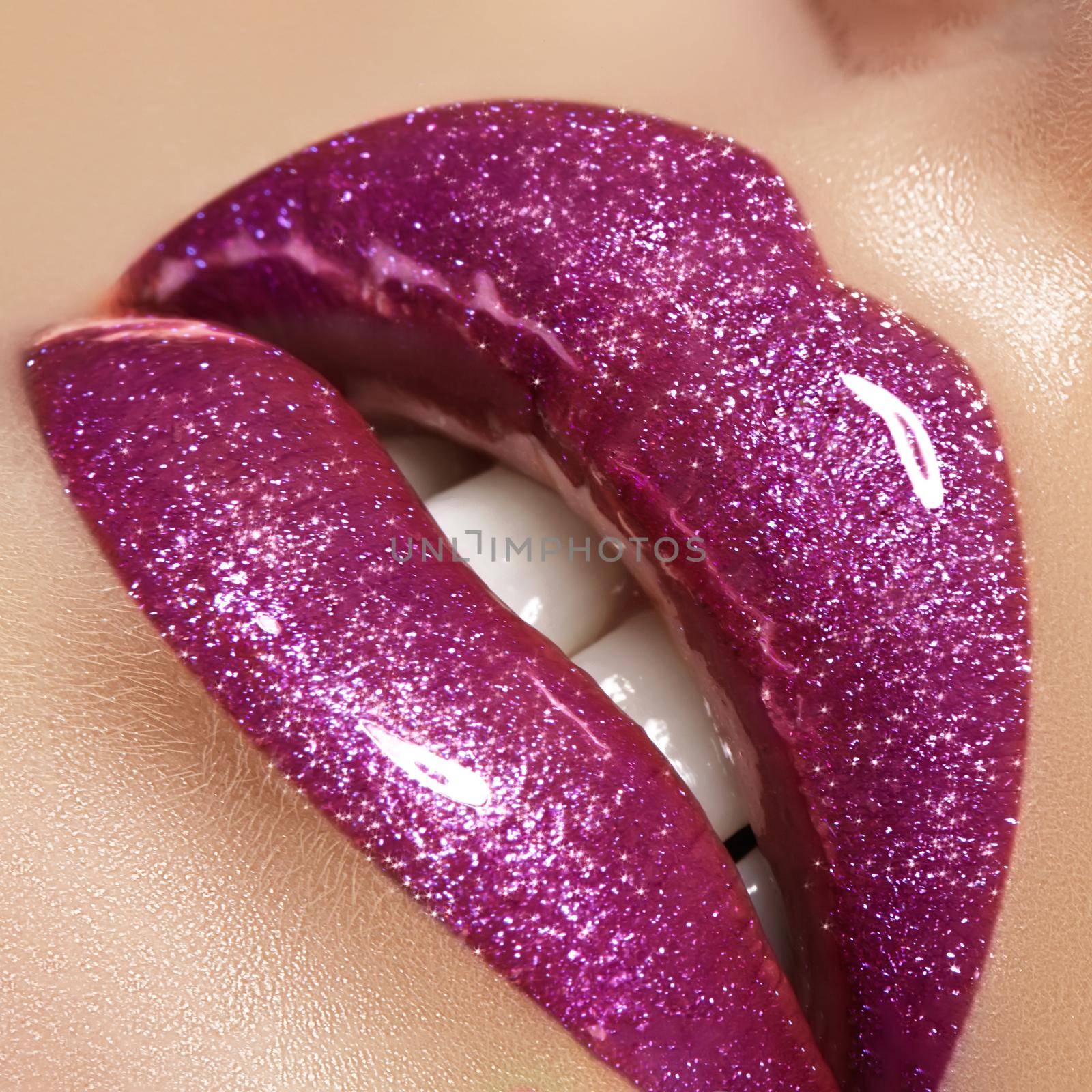 Glamour magenta gloss lip make-up. Fashion makeup beauty shot. Close-up female sexy full lips with celebrate pink gloss by MarinaFrost