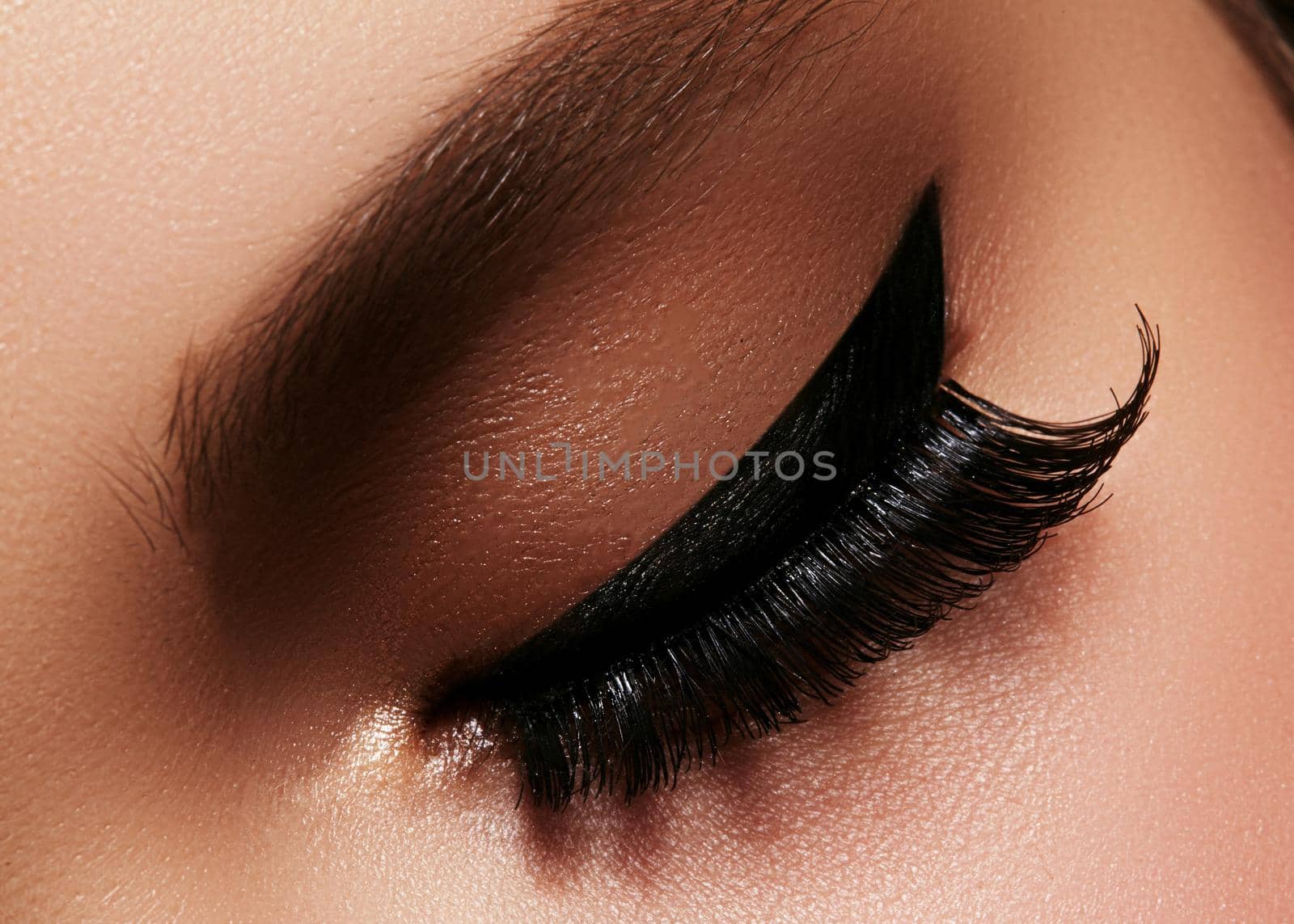 Beautiful macro shot of female eye with extreme long eyelashes and black liner makeup. Perfect shape make-up and long lashes. Cosmetics and make-up. Closeup macro shot of fashion eyes visage