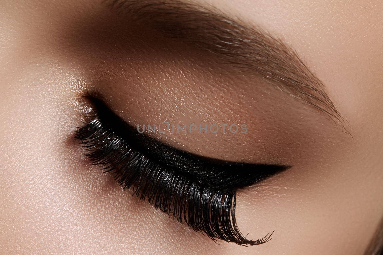 Beautiful macro shot of female eye with extreme long eyelashes and black liner makeup. Perfect shape make-up and long lashes. Cosmetics and make-up. Closeup macro shot of fashion eyes visage