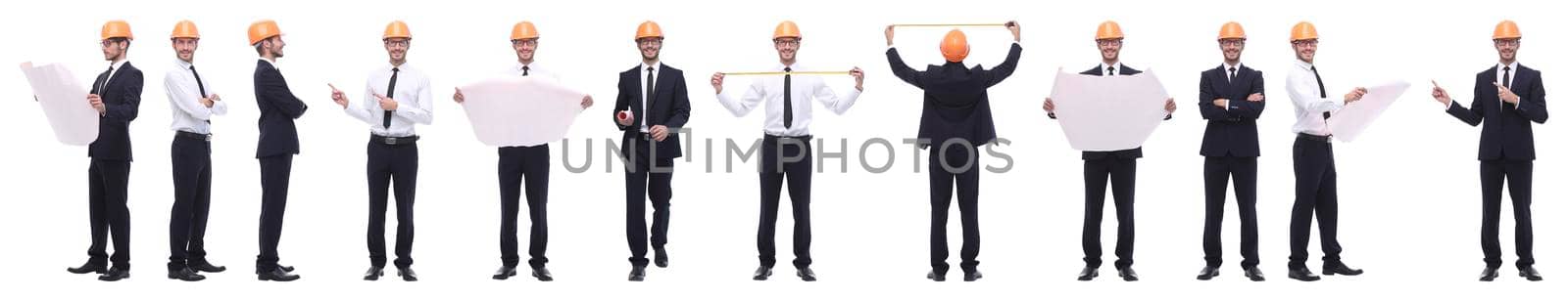 panoramic photo collage of confident architect isolated on white background