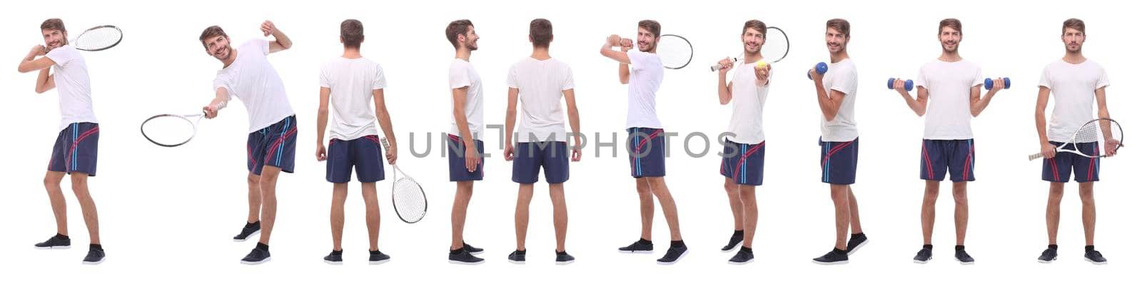 panoramic collage of male handyman isolated on white background.