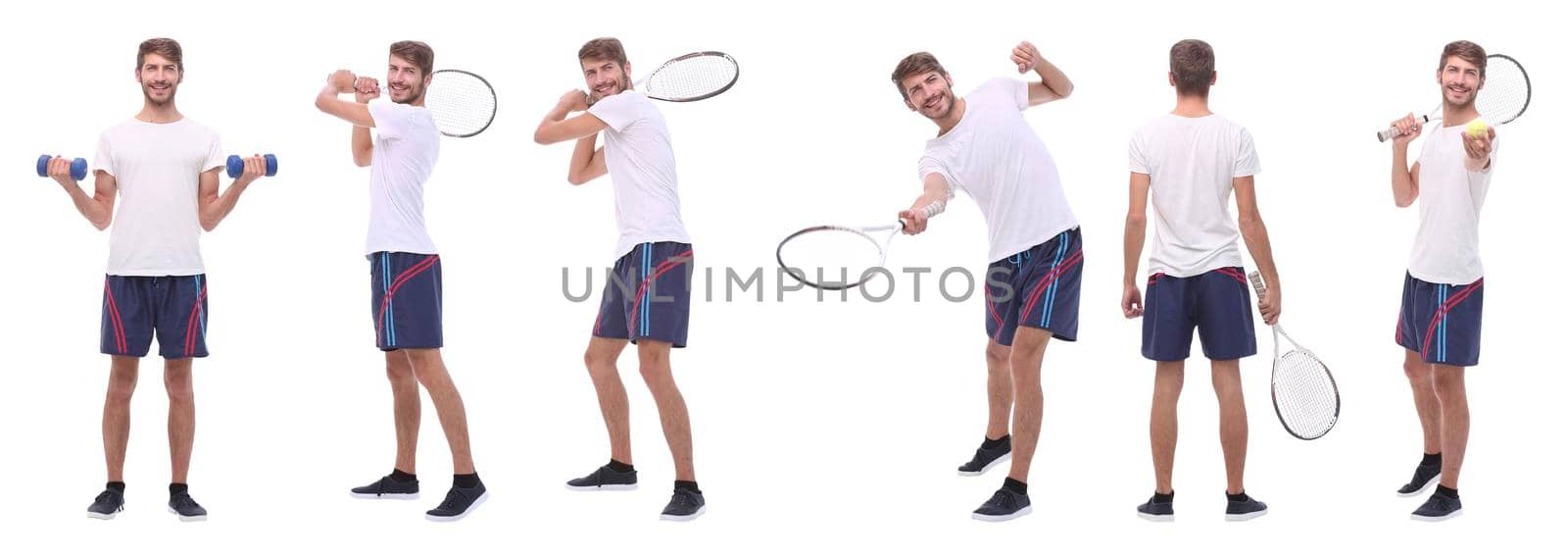 in full growth. handsome male tennis player isolated on white.photo collage