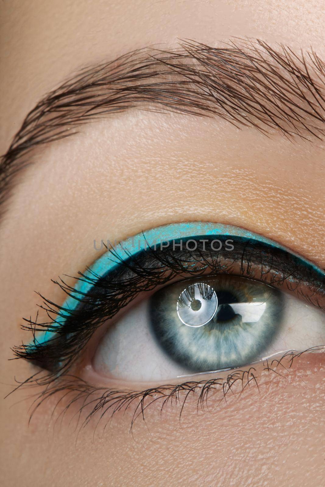 Beautiful macro shot of female eye with makeup. Perfect shape of eyebrows, blue eyeliner. Cosmetics and make-up.
