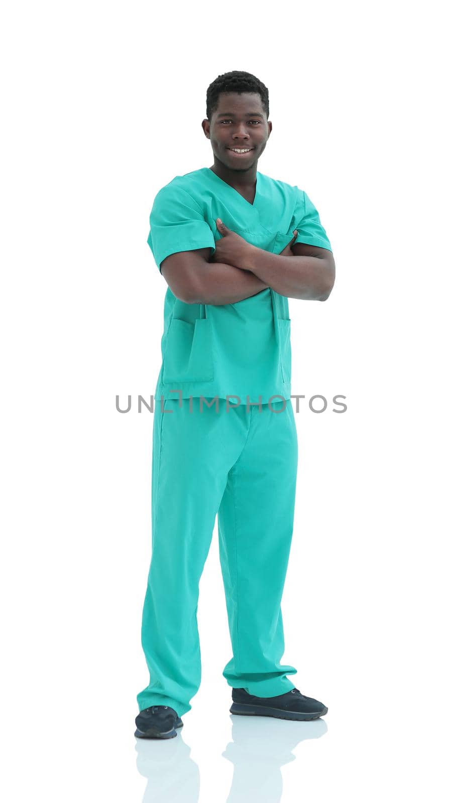 in full growth. medical worker in blue uniform. isolated on white