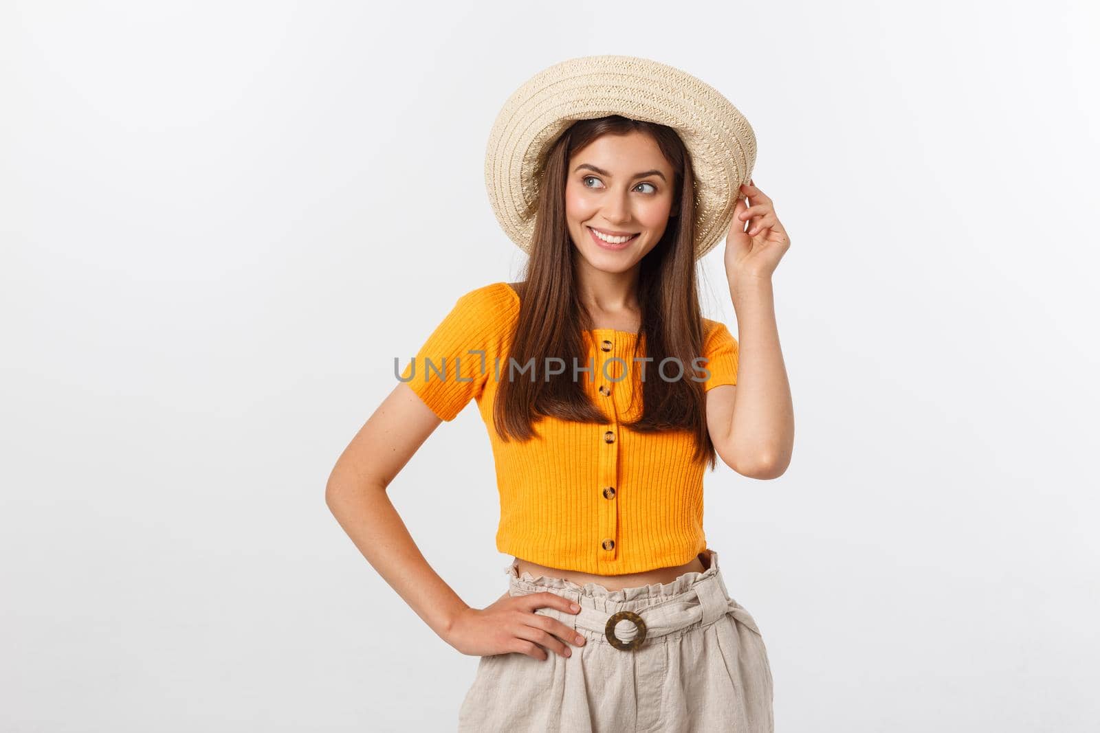 Travel concept - Close up Portrait young beautiful attractive girl wtih trendy hat and smiling. White Background. Copy space. by Benzoix