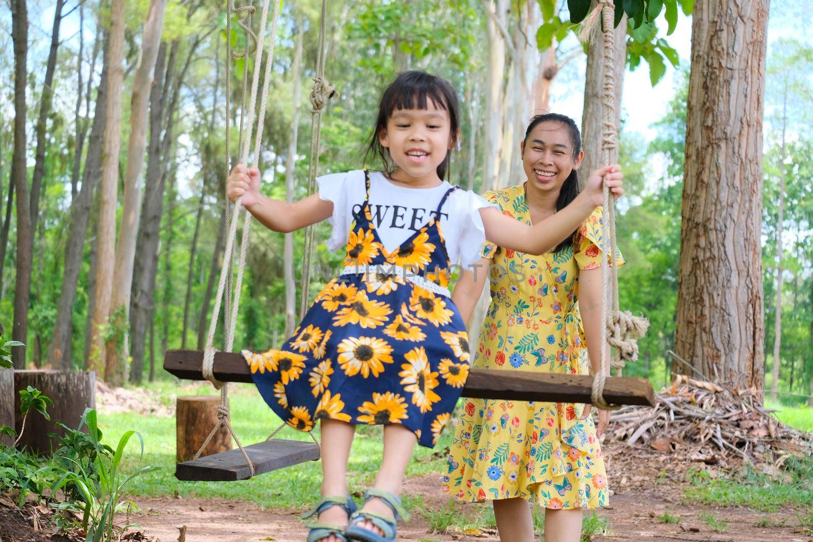 Young mother swings for her daughter in the park. Smiling little girl sitting on swing under tree with mother in summer park. Happy family having fun in the park. by TEERASAK