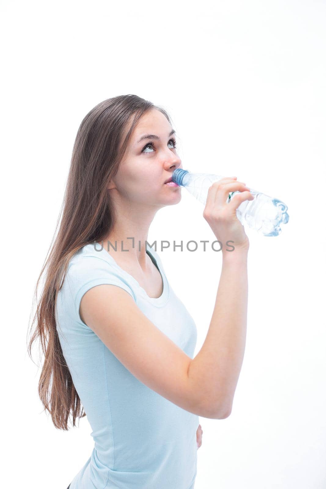 fitness woman with water bottle.isolated on white. photo with copy space.