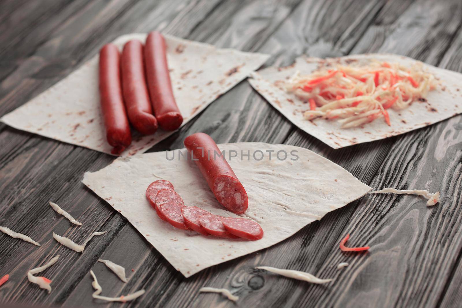 sliced sausage and cabbage for making sandwich Shawarma.