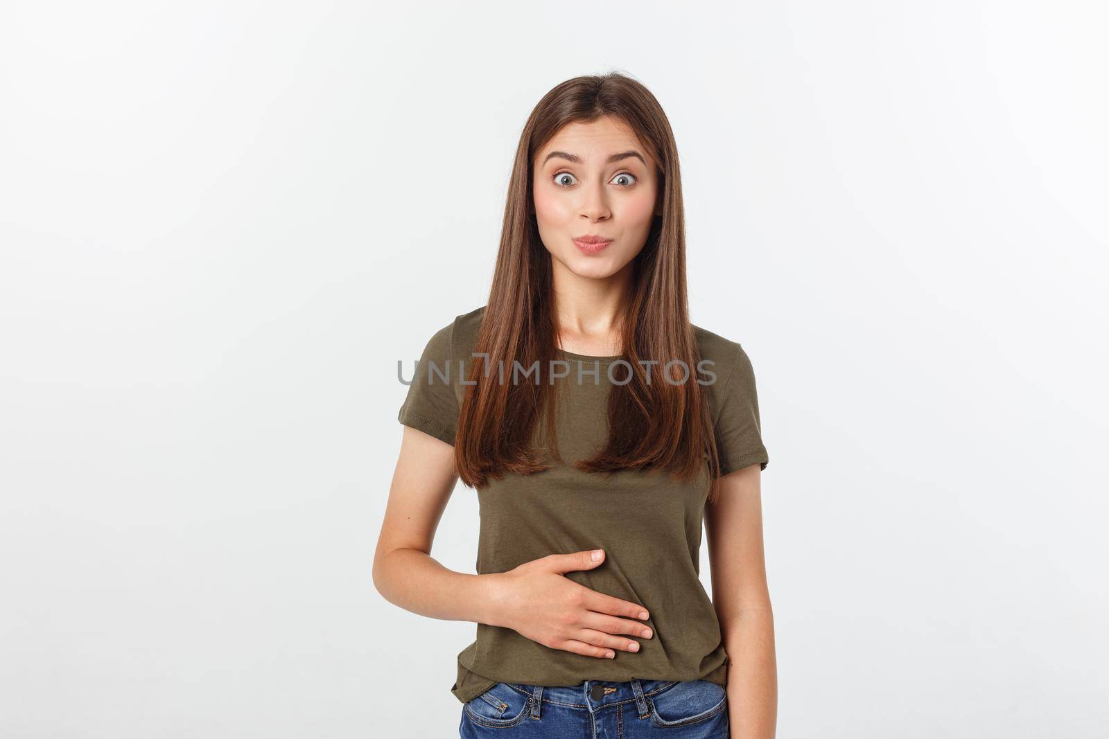 pregnant woman with her hands on her stomach, isolated against white background.