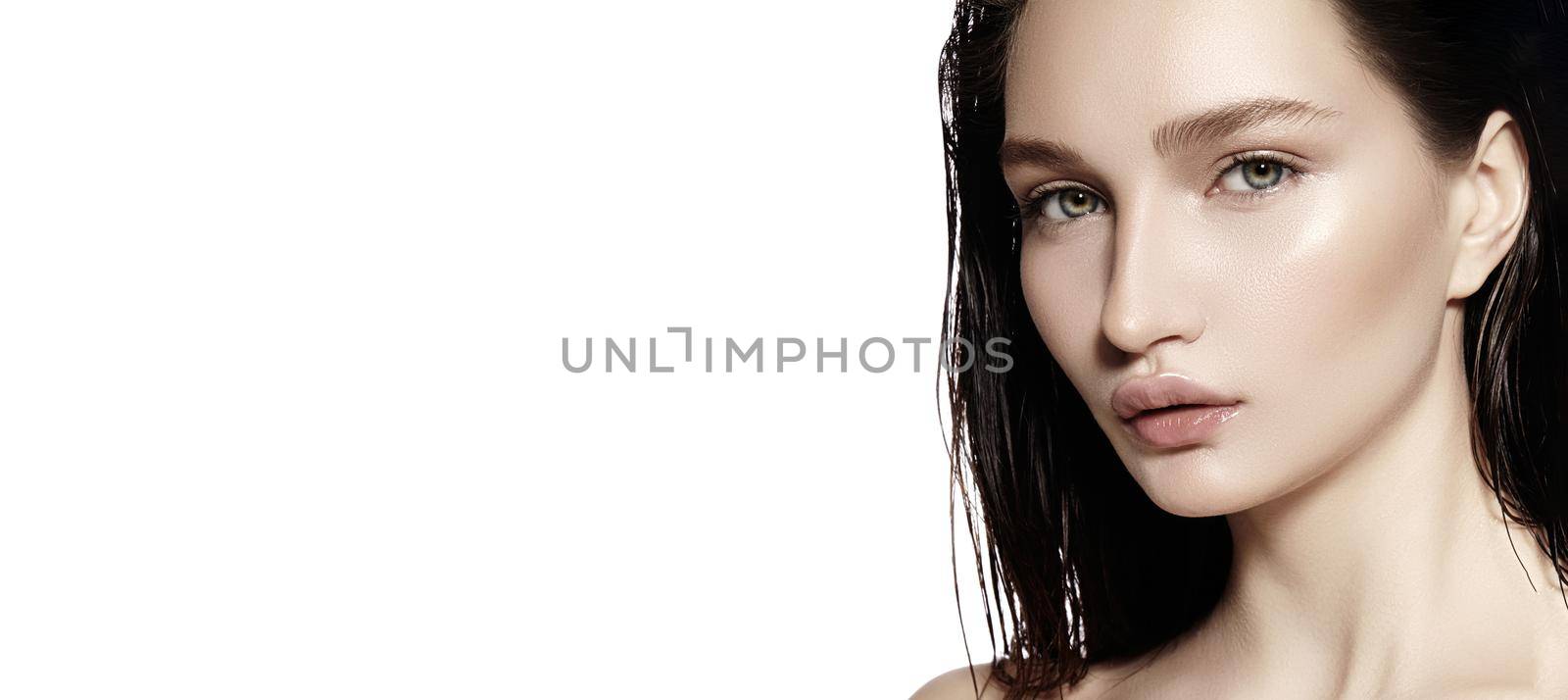 Beautiful Face of young Woman. Skincare, Wellness, Spa. Clean soft Skin, Fresh look. Natural daily makeup. Copyspace by MarinaFrost